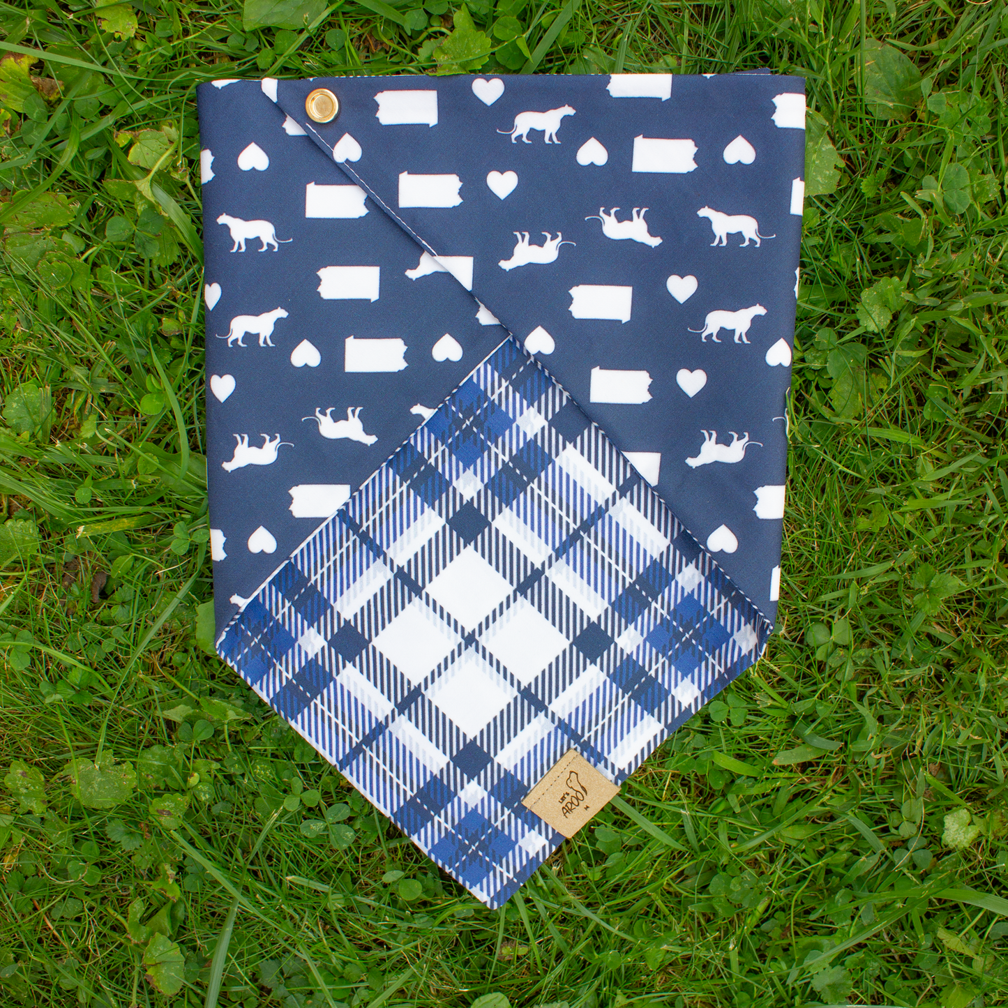 Blue and white patterned fabric with a plaid design on grass