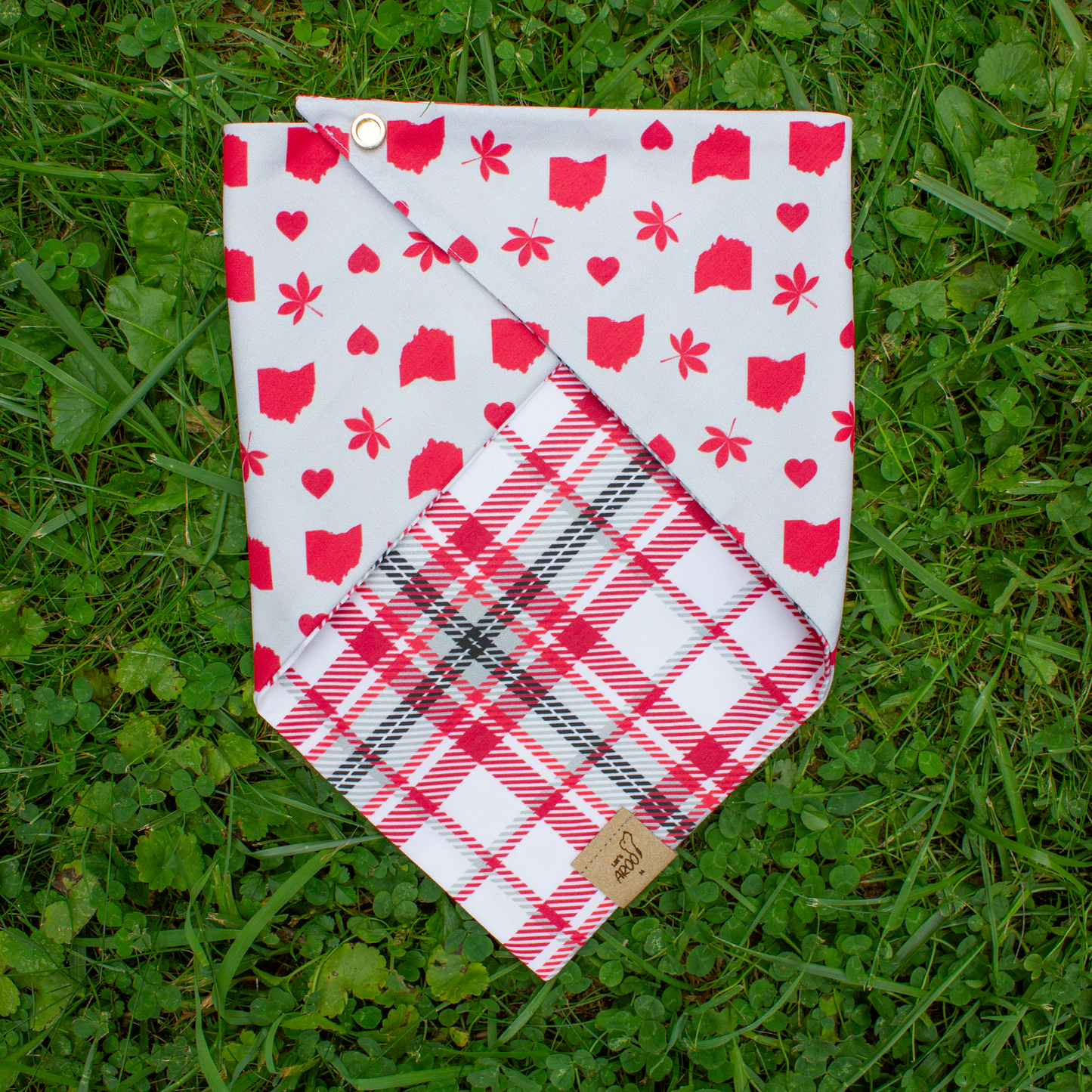 Fabric with red pattern and plaid design on grass