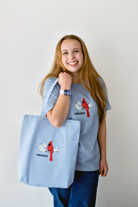 Virginia Cardinal and Dogwood Embroidered Gusseted Tote Bag